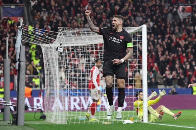 Robert Andrich (Bayer 04 Leverkusen) celebrates after scoring his team s first goal during the UEFA Champions League 2025 26 Round of 16 First Leg match between Bayer 04 Leverkusen and Arsenal FC at BayArena on March 11, 2026 in Leverkusen, Germany. (Photo by Oliver Kaelke DeFodi Images) -