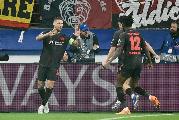 11.03.2026, xhbx, Fussball UEFA Champions League, Bayer 04 Leverkusen - FC Arsenal London v.l. Torjubel, Goal celebration, celebrate the goal 1:0 durch Robert Andrich (Bayer Leverkusen) (DFL DFB REGULATIONS PROHIBIT ANY USE OF PHOTOGRAPHS as IMAGE SEQUENCES and or QUASI-VIDEO) Leverkusen