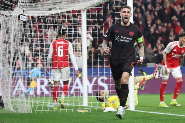 Robert Andrich (Bayer 04 Leverkusen) celebrates after scoring his team s first goal during the UEFA Champions League 2025 26 Round of 16 First Leg match between Bayer 04 Leverkusen and Arsenal FC at BayArena on March 11, 2026 in Leverkusen, Germany. (Photo by Oliver Kaelke DeFodi Images) -