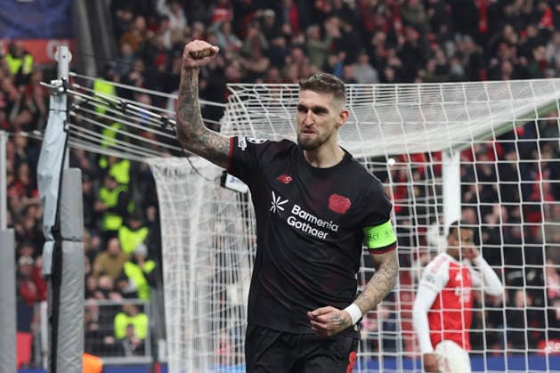 Robert Andrich (Bayer 04 Leverkusen) celebrates after scoring his team s first goal during the UEFA Champions League 2025 26 Round of 16 First Leg match between Bayer 04 Leverkusen and Arsenal FC at BayArena on March 11, 2026 in Leverkusen, Germany. (Photo by Oliver Kaelke DeFodi Images) -