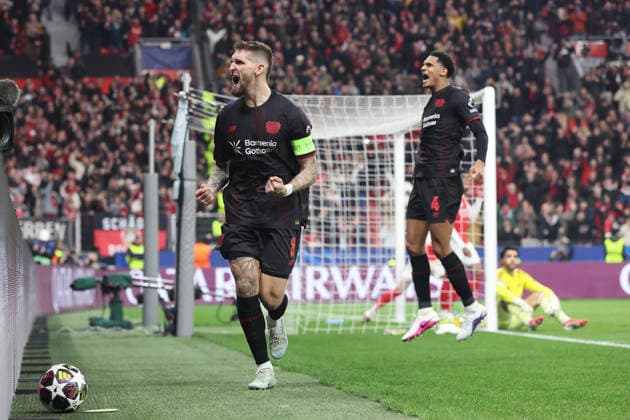 Robert Andrich (Bayer 04 Leverkusen) celebrates after scoring his team s first goal during the UEFA Champions League 2025 26 Round of 16 First Leg match between Bayer 04 Leverkusen and Arsenal FC at BayArena on March 11, 2026 in Leverkusen, Germany. (Photo by Oliver Kaelke DeFodi Images) -