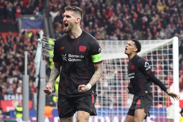 Robert Andrich (Bayer 04 Leverkusen) celebrates after scoring his team s first goal during the UEFA Champions League 2025 26 Round of 16 First Leg match between Bayer 04 Leverkusen and Arsenal FC at BayArena on March 11, 2026 in Leverkusen, Germany. (Photo by Oliver Kaelke DeFodi Images) -