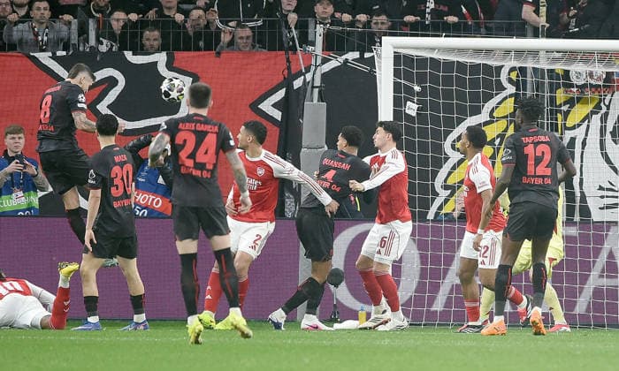11.03.2026, xhbx, Fussball UEFA Champions League, Bayer 04 Leverkusen - FC Arsenal London v.l. Goal scored, Tor zum 1:0 durch Robert Andrich (Bayer Leverkusen) (DFL DFB REGULATIONS PROHIBIT ANY USE OF PHOTOGRAPHS as IMAGE SEQUENCES and or QUASI-VIDEO) Leverkusen