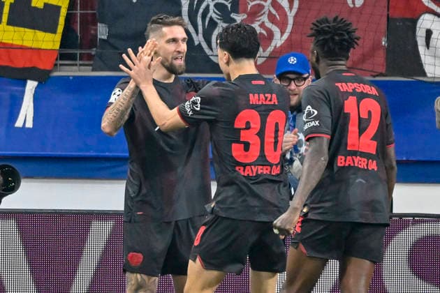 Robert Andrich (Leverkusen 8) jubelt nach dem Tor zum 1:0 mit Ibrahim Maza (Leverkusen 30) Robert Andrich (Leverkusen 8) 11.03.2026 ¢ Fussball ¢ Champions League, Bayer Leverkusen vs FC Arsenal, BayArena, Leverkusen,