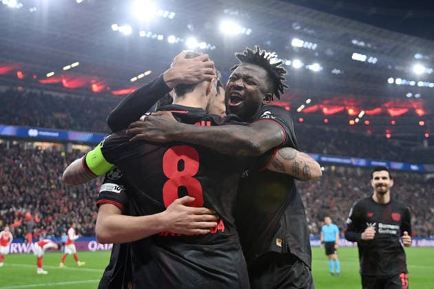 Jubel 1:0, Edmond Tapsoba (Bayer 04 Leverkusen), Robert Andrich (Bayer 04 Leverkusen), v.re. 11.03.2026, Fussball, UEFA Champions League 2025 2026, Achtelfinale, Bayer 04 Leverkusen - FC Arsenal UEFA regulations prohibit any use of photographs as image sequences and or quasi-video Leverkusen BayArena Nordrhein Westfalen Deutschland