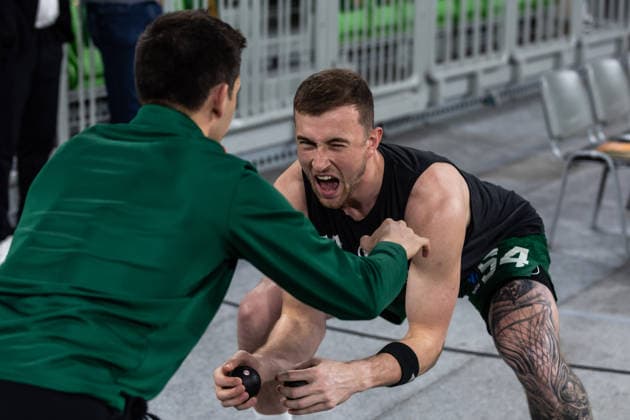 GER, BKT EuroCup, Saison 2025 2026, Achteffinale, Cedevita Olimpija Ljubljana- Niners Chemnitz 11.03.2026, Arena Stozice, Ljubljana, GER, BKT EuroCup, Saison 2025 2026, Achteffinale, Cedevita Olimpija Ljubljana- Niners Chemnitz Thomas Kennedy (Cedevita Olimpija Ljubljana 54) Foto Alexander Trienitz Ljubljana Arena Stozice Slowenien