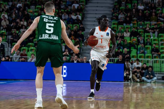 GER, BKT EuroCup, Saison 2025 2026, Achteffinale, Cedevita Olimpija Ljubljana- Niners Chemnitz 11.03.2026, Arena Stozice, Ljubljana, GER, BKT EuroCup, Saison 2025 2026, Achteffinale, Cedevita Olimpija Ljubljana- Niners Chemnitz Aher Uguak (Niners Chemnitz, 1) Foto Alexander Trienitz Ljubljana Arena Stozice Slowenien