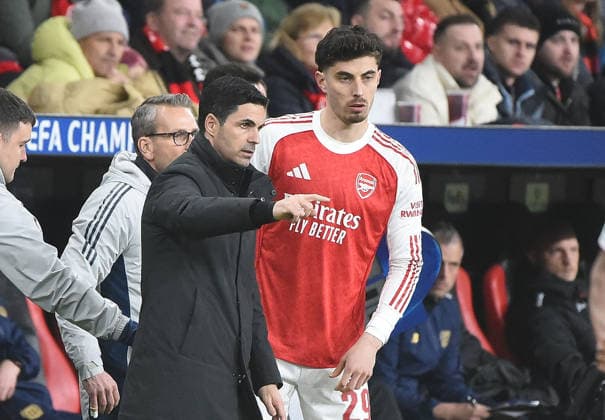 11.03.2026, xhbx, Fussball UEFA Champions League, Bayer 04 Leverkusen - FC Arsenal London v.l. Trainer Mikel Arteta (Arsenal London FC), Kai Havertz (Arsenal London FC) (DFL DFB REGULATIONS PROHIBIT ANY USE OF PHOTOGRAPHS as IMAGE SEQUENCES and or QUASI-VIDEO) Leverkusen
