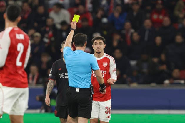 Martin Zubimendi (Arsenal FC) gets the yellow card during the UEFA Champions League 2025 26 Round of 16 First Leg match between Bayer 04 Leverkusen and Arsenal FC at BayArena on March 11, 2026 in Leverkusen, Germany. (Photo by Oliver Kaelke DeFodi Images) -