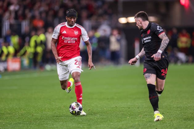 11.03.2026, Fussball, Achtelfinale der UEFA Champions League, Bayer 04 Leverkusen - Arsenal London, v. l. Noni Madueke (Arsenal London) im Duell mit Aleix Garcia (Bayer 04 Leverkusen). Leverkusen BayArena NRW Deutschland xRHR-FOTO DEx Copyright: DennisxEwert RHR-FOTOx RHR-FOTO DE
