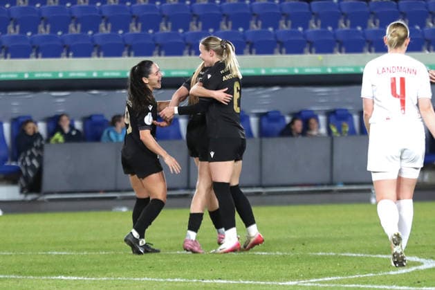 DFB-Pokal Frauen: FC Carl Zeiss Jena - SC Sand 1946; 11.03.26 Olivia Matilde Johansson Alcaide (9, Carl Zeiss Jena links) hat gut Lachen. Sie erzielte gerade das Tor zum 4:1. Fußball, DFB-Pokal Frauen, Viertelfinale: FC Carl Zeiss Jena vs. SC Sand 1946 am 11.03.26 im Ernst-Abbe-Sportfeld ad hoc arena, Jena. DFL REGULATIONS PROHIBIT ANY USE OF PHOTOGRAPHS AS IMAGE SEQUENCES AND OR QUASI-VIDEO. Copyright: xBEAUTIFULxSPORTS JanxKaeferx
