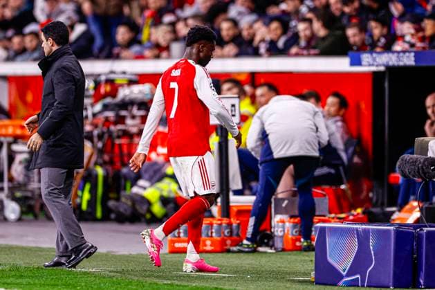 Bukayo Saka of Arsenal FC is substituted for Noni Madueke of Arsenal FC Bayer 04 Leverkusen v Arsenal FC, UEFA Champions League 2025 26 Round of 16 First Leg, Bayer 04 Leverkusen v Arsenal FC, BayArena, March 11, 2026, Leverkusen, Germany.