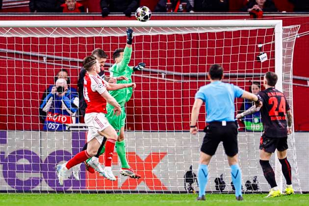 Goalkeeper David Raya of Arsenal FC makes a save Bayer 04 Leverkusen v Arsenal FC, UEFA Champions League 2025 26 Round of 16 First Leg, Bayer 04 Leverkusen v Arsenal FC, BayArena, March 11, 2026, Leverkusen, Germany.