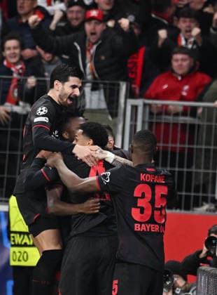 11.03.2026, xophax, Fussball , UEFA Champions League , 2025 2026 , Bayer Leverkusen gegen FC Arsenal London. v.l.n.rechts : Martin Terrier, Jarell Quansah ,Christian Kofane ( Bayer 04 ) Jubel nach dem 1 zu 0 mit Robert Andrich Leverkusen