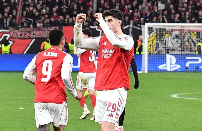 11.03.2026, xhbx, Fussball UEFA Champions League, Bayer 04 Leverkusen - FC Arsenal London v.l. Torjubel, Goal celebration, celebrate the goal 1:1 durch Kai Havertz (Arsenal London FC) (DFL DFB REGULATIONS PROHIBIT ANY USE OF PHOTOGRAPHS as IMAGE SEQUENCES and or QUASI-VIDEO) Leverkusen