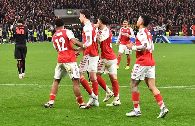 11.03.2026, xhbx, Fussball UEFA Champions League, Bayer 04 Leverkusen - FC Arsenal London v.l. Torjubel, Goal celebration, celebrate the goal 1:1 durch Kai Havertz (Arsenal London FC) (DFL DFB REGULATIONS PROHIBIT ANY USE OF PHOTOGRAPHS as IMAGE SEQUENCES and or QUASI-VIDEO) Leverkusen