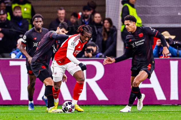 Eberechi Eze of Arsenal FC battles for possession with Martin Terrier of Bayer 04 Leverkusen Bayer 04 Leverkusen v Arsenal FC, UEFA Champions League 2025 26 Round of 16 First Leg, Bayer 04 Leverkusen v Arsenal FC, BayArena, March 11, 2026, Leverkusen, Germany.