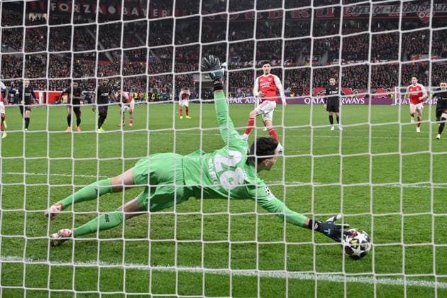 Kai Havertz (FC Arsenal) verwandelt gegen Torwart Janis Blaswich (Bayer 04 Leverkusen) den Elfmeter zum 1:1 11.03.2026, Fussball, UEFA Champions League 2025 2026, Achtelfinale, Bayer 04 Leverkusen - FC Arsenal UEFA regulations prohibit any use of photographs as image sequences and or quasi-video Leverkusen BayArena Nordrhein Westfalen Deutschland
