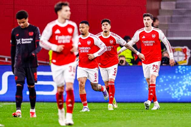 Kai Havertz of Arsenal FC celebrates with teammates after scoring his teams first goal Bayer 04 Leverkusen v Arsenal FC, UEFA Champions League 2025 26 Round of 16 First Leg, Bayer 04 Leverkusen v Arsenal FC, BayArena, March 11, 2026, Leverkusen, Germany.