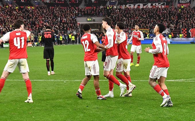 11.03.2026, xhbx, Fussball UEFA Champions League, Bayer 04 Leverkusen - FC Arsenal London v.l. Torjubel, Goal celebration, celebrate the goal 1:1 durch Kai Havertz (Arsenal London FC) (DFL DFB REGULATIONS PROHIBIT ANY USE OF PHOTOGRAPHS as IMAGE SEQUENCES and or QUASI-VIDEO) Leverkusen