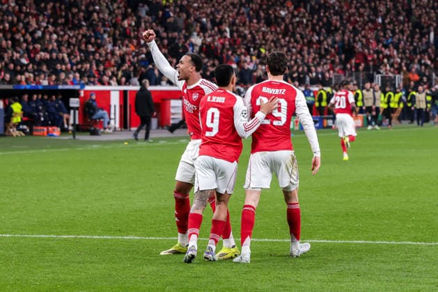 11.03.2026, Fussball, Achtelfinale der UEFA Champions League, Bayer 04 Leverkusen - Arsenal London, v. l. Gabriel Magalhaes (Arsenal London), Gabriel Jesus (Arsenal London), Kai Havertz (Arsenal London) bejubeln das Tor zum 1:1. Leverkusen BayArena NRW Deutschland xRHR-FOTO DEx Copyright: DennisxEwert RHR-FOTOx RHR-FOTO DE