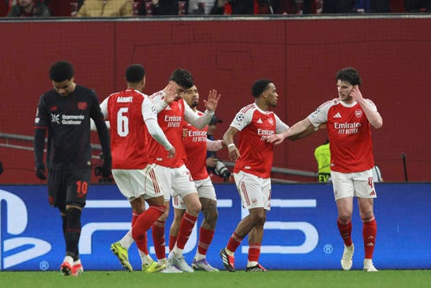 Kai Havertz (Arsenal FC) celebrates after scoring his team s first goal with teammates during the UEFA Champions League 2025 26 Round of 16 First Leg match between Bayer 04 Leverkusen and Arsenal FC at BayArena on March 11, 2026 in Leverkusen, Germany. (Photo by Oliver Kaelke DeFodi Images) -