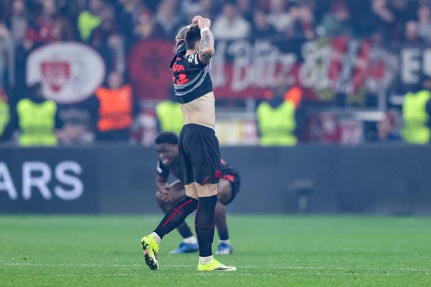 Fußball Champions League Achtelfinale Bayer 04 Leverkusen - FC Arsenal am 11.03.2026 in der BayArena in Leverkusen Aleix Garcia ( Leverkusen ) ärgert sich nach dem Spiel