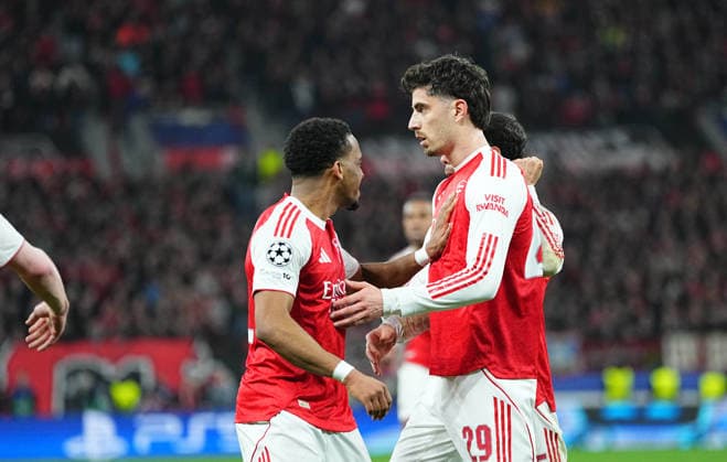 Kai Havertz (FC Arsenal) scores and celebrates his teams first goal during Bayer Leverkusen and FC Arsenal at BayArena, Leverkusen, Germany on March 11, 2026. Thor Wegner DeFodi Images. (Photo by DeFodi Images) -