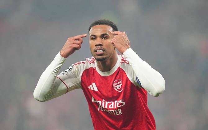 Gabriel Magalhaes (FC Arsenal) gestures during Bayer Leverkusen and FC Arsenal at BayArena, Leverkusen, Germany on March 11, 2026. Thor Wegner DeFodi Images. (Photo by DeFodi Images) -