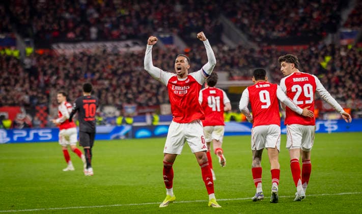 Leverkusen, Germany. 11th Mar 2026. Goal celebration Gabriel Magalhaes (Arsenal) Gabriel Jesus (Arsenal) Kai Havertz (Arsenal) Bayer Leverkusen - Arsenal London 11.03.2026