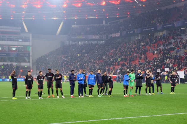 Bayer Leverkusen nach dem Spiel GER, Bayer Leverkusen gegen Arsenal London, Fussball, Champions League, Achtelfinale, Spielzeit 2025 2026, 11.03.2026 DFL REGULATIONS PROHIBIT ANY USE OF PHOTOGRAPHS AS IMAGE SEQUENCES AND OR QUASI-VIDEO GER, Bayer Leverkusen gegen Arsenal London, Fussball, Champions League, Achtelfinale, Spielzeit 2025 2026, 11.03.2026 Leverkusen Copyright: xEibner-Pressefoto FrankxZeisingx EP_FZG