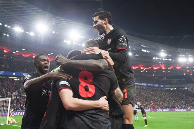 Jubel 1:0, v.re., Martin Terrier (Bayer 04 Leverkusen), Robert Andrich (Bayer 04 Leverkusen), Christian Kofane (Bayer 04 Leverkusen) 11.03.2026, Fussball, UEFA Champions League 2025 2026, Achtelfinale, Bayer 04 Leverkusen - FC Arsenal 1:1 UEFA regulations prohibit any use of photographs as image sequences and or quasi-video Leverkusen BayArena Nordrhein Westfalen Deutschland