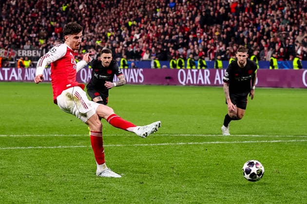 LEVERKUSEN, GERMANY - MARCH 11: Kai Havertz of Arsenal scores his team s first goal during the UEFA Champions League 2025 26 Round of 16 First Leg match between Bayer 04 Leverkusen and Arsenal FC at BayArena on March 11, 2026 in Leverkusen, Germany.  Copyright: xRenexNijhuis MBxMediax