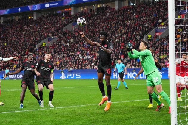 Edmond Tapsoba (Bayer 04 Leverkusen) heads during Bayer Leverkusen and FC Arsenal at BayArena, Leverkusen, Germany on March 11, 2026. Thor Wegner DeFodi Images. (Photo by DeFodi Images) -