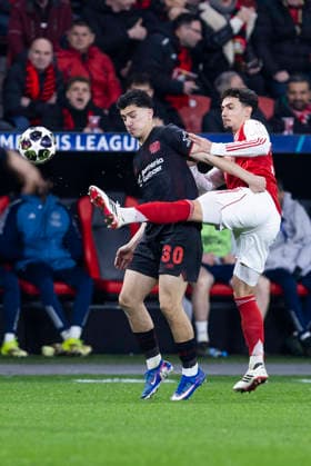 LEVERKUSEN, GERMANY - MARCH 11: Ibrahim Maza (Bayer 04 Leverkusen, 30), Martin Zubimendi (FC Arsenal, 36) during the UEFA Champions League match between Bayer Leverkusen vs. FC Arsenal in the first leg of the round of 16 at BayArena on March 11th, 2026 in Leverkusen, Germany. NRW Germany Copyright: xBEAUTIFULxSPORTS JulianxMeuselx