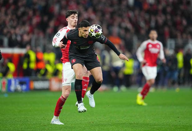 Equi Fernandez (Bayer 04 Leverkusen) and Kai Havertz (FC Arsenal) battle for the ball during Bayer Leverkusen and FC Arsenal at BayArena, Leverkusen, Germany on March 11, 2026. Thor Wegner DeFodi Images. (Photo by DeFodi Images) -