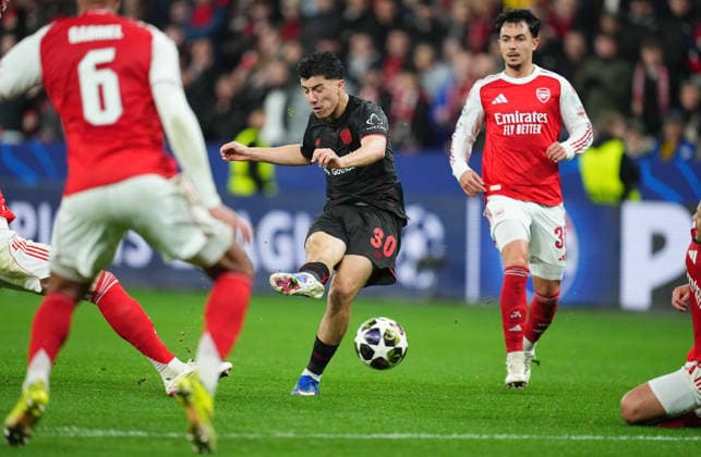 Ibrahim Maza (Bayer 04 Leverkusen) shoots on goal during Bayer Leverkusen and FC Arsenal at BayArena, Leverkusen, Germany on March 11, 2026. Thor Wegner DeFodi Images. (Photo by DeFodi Images) -