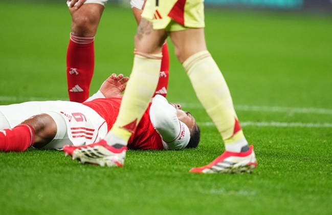 Gabriel Magalhaes (FC Arsenal) on the ground during Bayer Leverkusen and FC Arsenal at BayArena, Leverkusen, Germany on March 11, 2026. Thor Wegner DeFodi Images. (Photo by DeFodi Images) -