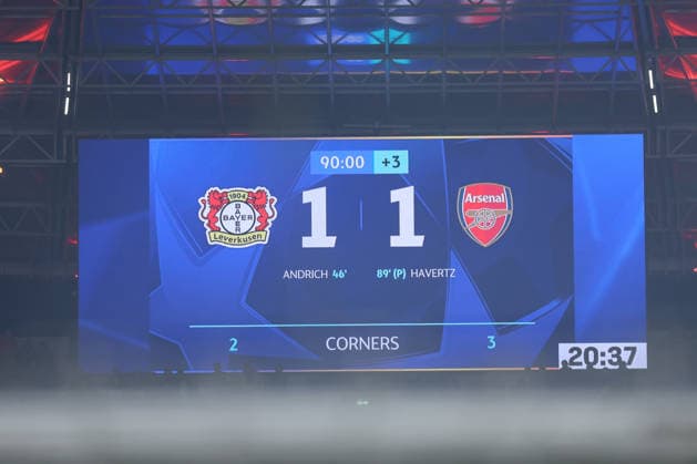 GER, UEFA CL, Achtelfinale, Bayer 04 Leverkusen (GER) vs. FC Arsenal (ENG), 11.03.2026, BayArena, Leverkusen, GER, UEFA CL, Achtelfinale, Bayer 04 Leverkusen (GER) vs. FC Arsenal (ENG), , im Bild: Endstand 1:1
