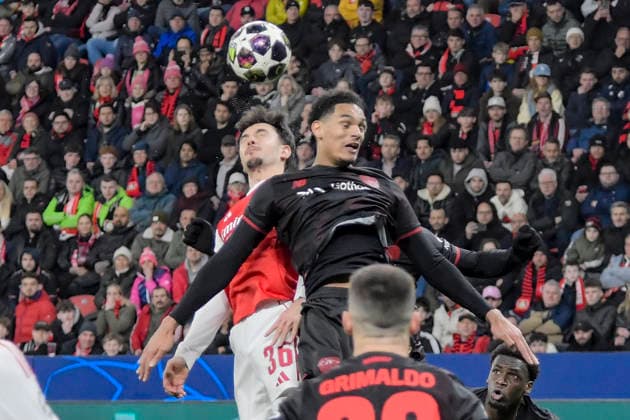 Kopfball Kopfballduell Martin Zubimendi (FC 36) Jarell Quansah (Leverkusen 4) 11.03.2026 ¢ Fussball ¢ Champions League, Bayer Leverkusen vs FC Arsenal, BayArena, Leverkusen,