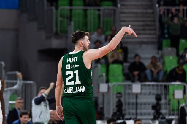 GER, BKT EuroCup, Saison 2025 2026, Achteffinale, Cedevita Olimpija Ljubljana- Niners Chemnitz 11.03.2026, Arena Stozice, Ljubljana, GER, BKT EuroCup, Saison 2025 2026, Achteffinale, Cedevita Olimpija Ljubljana- Niners Chemnitz Matthew Hurt (Cedevita Olimpija Ljubljana 21) jubelt Foto Alexander Trienitz Ljubljana Arena Stozice Slowenien