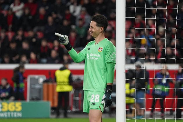 Fussball, UEFA Champions League 2025 2026, Achtelfinale, Bayer 04 Leverkusen vs FC Arsenal 11.03.2026 Bayarena Leverkusen, Janis Blaswich TW GK bayer 04 leverkusen Aktion, Einzelbild,