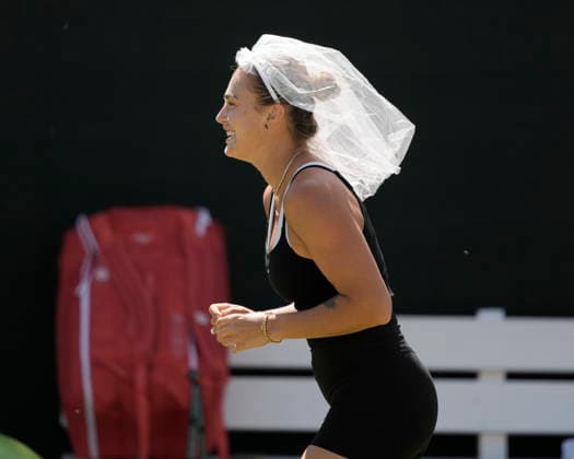 March 11, 2026 Aryna Sabalenka wears a bridal veil that a fan threw to her during a workout at the BNP Paribas Open held at the Indian Wells Tennis Garden in Indian Wells, California. California. Mandatory Photo Credit : CSM Indian Wells United States of America - ZUMAc04_ 20260311_zma_c04_058 Copyright: xCharlesxBausx