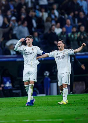 Real Madrid CF vs Manchester City - UEFA Champions League - 11 03 2026 Federico Valverde of Real Madrid CF (L) celebrates his goal with Brahim Diaz of Real Madrid CF (R) during the UEFA Champions League match between Real Madrid CF and Manchester City at Santiago Bernabeu Stadium on March 11, 2026 in Madrid, Spain. Madrid Spain Copyright: xPabloxGarcia PGSxPhotoxAgencyx