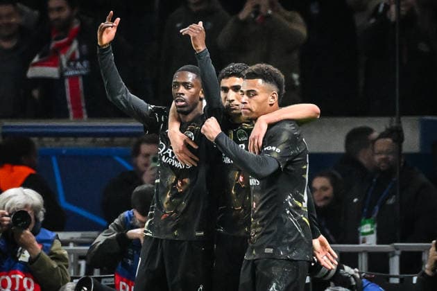 March 11, 2026, Paris, France, France: Ousmane DEMBELE of PSG celebrate his goal with Achraf HAKIMI of PSG and Desire DOUE of PSG during the UEFA Champions League match between Paris Saint-Germain and Chelsea CF at Parc des Princes Stadium on March 11, 2026 in Paris, France. Paris Saint-Germain V Chelsea CF - UEFA Champions League  - ZUMAm308 20260311_zsp_m308_010 Copyright: xMatthieuxMirvillex