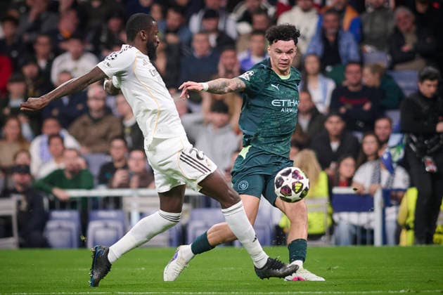 REAL MADRID CF v MANCHESTER CITY FC. CHAMPIONS LEAGUE 2025 2026. ROUND OF 16 FIRST LEG. Real Madrid CF s Antonio Rudiger (l) and Manchester City FC s Nico O Reilly during Champions League 2025 2026 match. March 11,2026. (ALTERPHOTOS Ropero) MadridSpain  Copyright: xRoperox