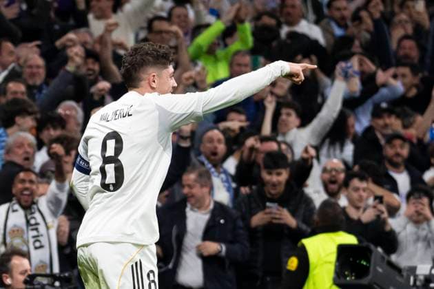UEFA Champions League soccer match Real Madrid vs Manchester City at Santiago Bernabeu stadium in Madrid, Spain. 11 March 2026 Valverde celebrates a goal 900 Cordon Press  900 CordonxPress LOF - Champions League Real Madrid vs Manchester City