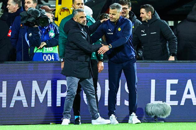 Football, Champions League 2025 2026 Bodo Glimt Sporting Lisbon Bodo 20260311 Sporting s coach Rui Borges and Bodo Glimt s coach Kjetil Knutsen after the end of the Champions League football match between Bodo Glimt and Sporting Lisbon at Aspmyra Stadium Photo Mats Torbergsen NTB Bodo Norway EDITORIAL USE ONLY RESTRICTED USE FOR BETTING COMPANIES  Copyright: xMatsxTorbergsenx xNTBx