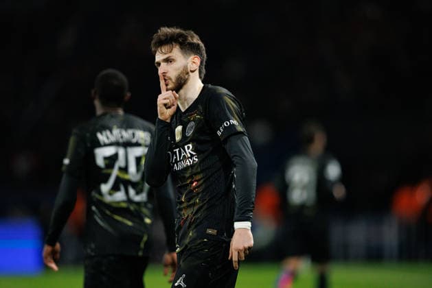 Khvicha Kvaratskhelia seen celebrating after scoring goal during Champions League Round of 16 game between teams of Paris Saint-Germain Football Club and Chelsea FC (Maciej Rogowski Ball Raw Images) Paris Parc des Princes France Copyright: xMaciejxRogowskix maciejrogowski_psg_chelsea_25256-34
