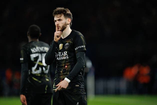 Khvicha Kvaratskhelia seen celebrating after scoring goal during Champions League Round of 16 game between teams of Paris Saint-Germain Football Club and Chelsea FC (Maciej Rogowski Ball Raw Images) Paris Parc des Princes France Copyright: xMaciejxRogowskix maciejrogowski_psg_chelsea_25256-33